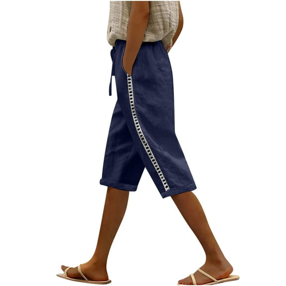 Mlzmgr Capri Pants for Women High Waist Drawstring Knee Length Shorts Solid Color Summer Trendy Casual