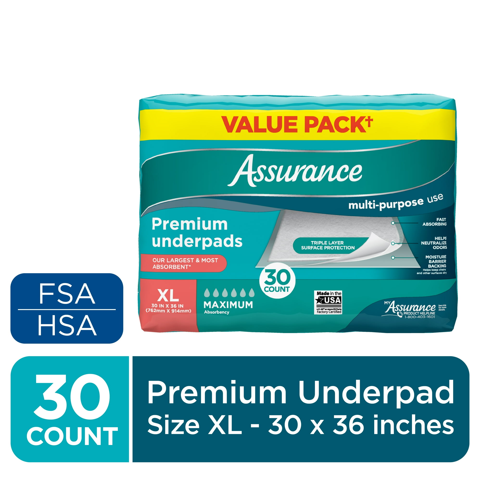 Assurance Premium Underpads for Adults, XL, Maximum Absorbency, 30 Count