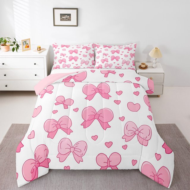 Manfei Princess Ribbon Child Bedding Comforter Set, White Pink Cartoon Twin Comforter Sets, Kawaii Ribbon Bow Reversible Bedding Set, Ultra Soft Home Decor, 2pcs