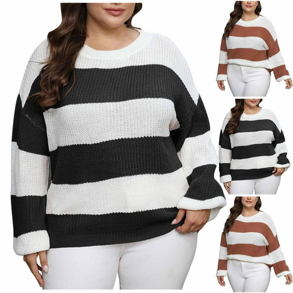Fartey Plus Size Striped Color Block Sweaters for Women Loose Fit Long Sleeve Drop Shoulder Sweater Cozy Fall Winter Crew Neck Knitted Pullover Tops Brown 3XL