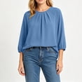 thumbnail image 5 of SSZMDLB Women Round Neck 3/4 Sleeve Pleated Blouse Casual Basic Summer Tops Fashion Tee Shirt Comfy Vacation Outfits Work Clothes, Blue 2XL, 5 of 9
