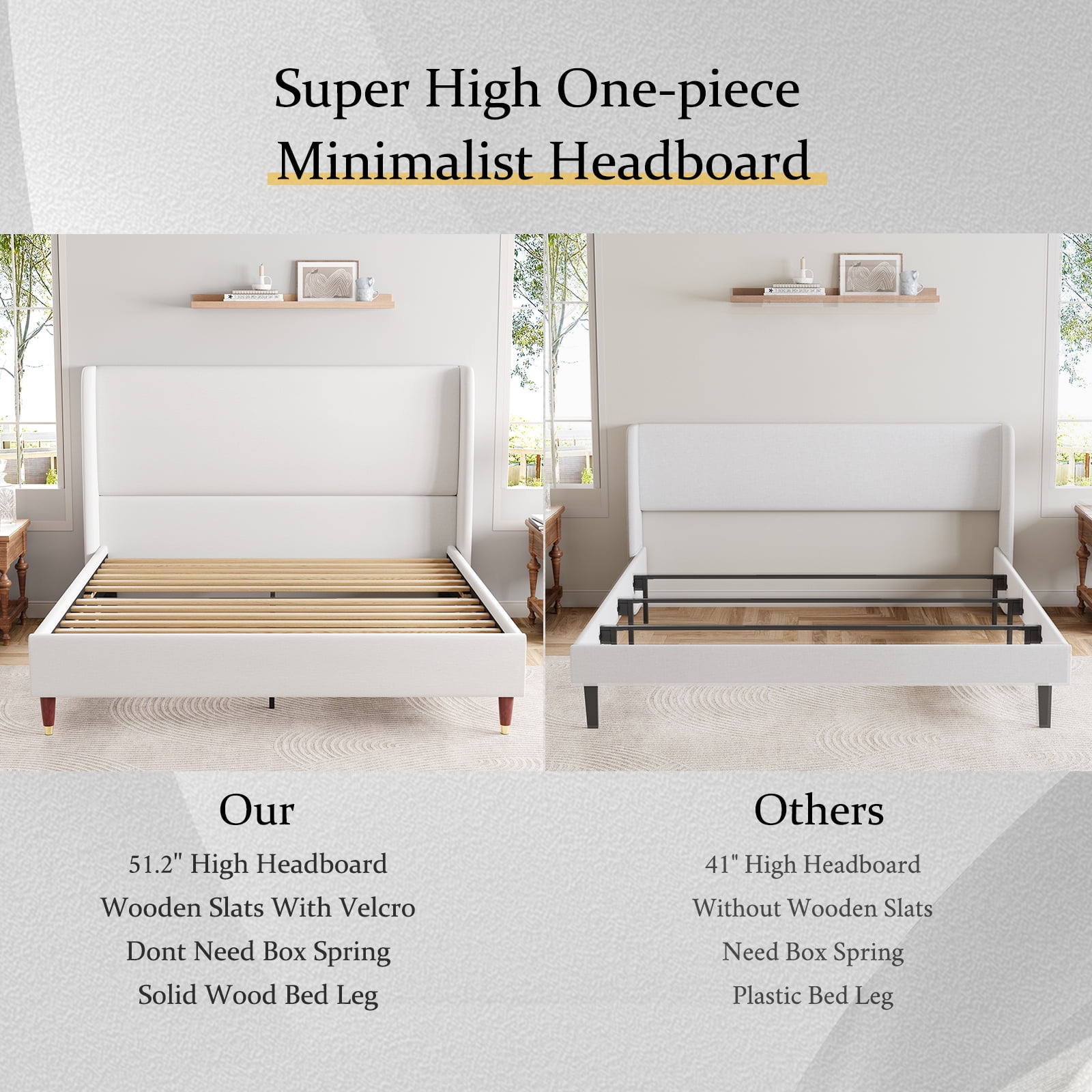 Merluxy 51.2" Queen Bed Frame with High Headboard,Upholstered,No Box Spring Required,White