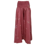 Mogul Women's Maxi Skirts Vintage Silk Sari Pink Swirling Smocked Waist Skirt