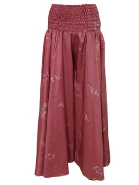 Mogul Women's Maxi Skirts Vintage Silk Sari Pink Swirling Smocked Waist Skirt