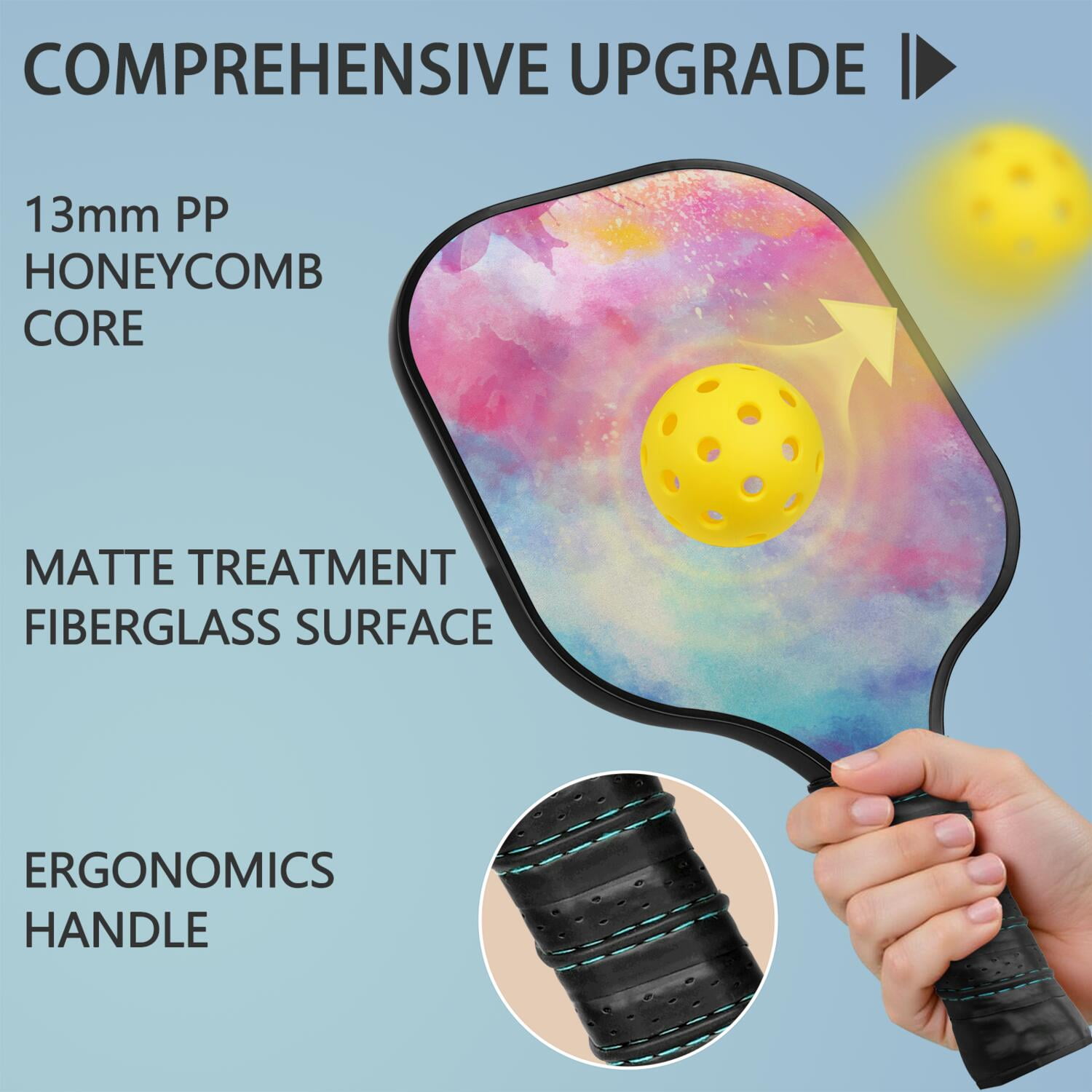 Pickleball Paddles Set Of 2, Fiberglass Surface, Fluid Smoke Aurora Art Style, 4 Balls & Bag