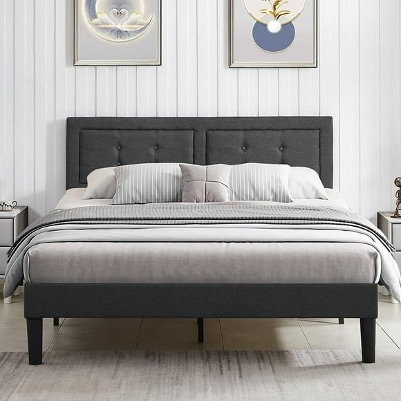 VECELO Queen Size Platform Bed Frame with Upholstered Adjustable Headboard, No Box Spring Needed, Gray