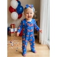 thumbnail image 4 of BemeyourBBs Newborn Baby Girl Boy 4th of July Outfit Footed Romper FootieJumpsuit Infant Baby Patriot Independent Day Clothes American Flag Stripe Print Ruffles Long Sleeve Zipper Romper Headband Set, 4 of 9