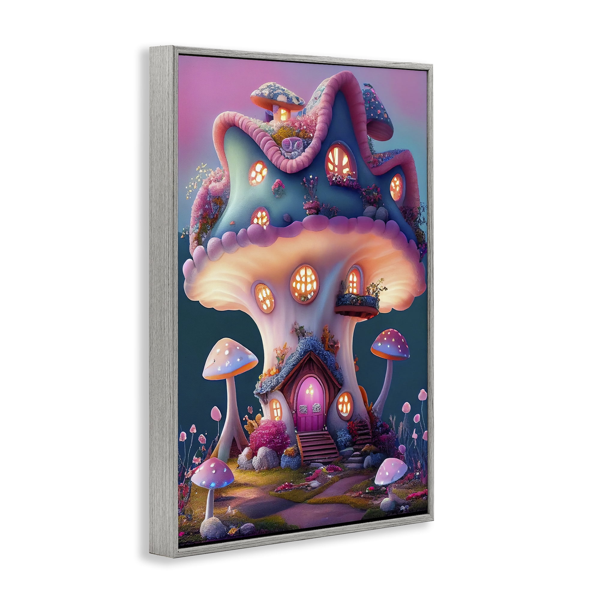 Stupell Industries Mushroom Cottage House Town & City Painting Gray Framed Art Print Wall Art, 16 x 24