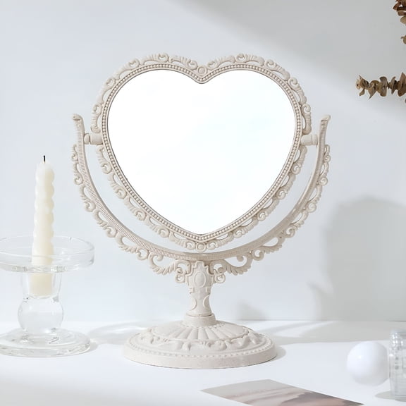 XIBUFE 2026 New 7 Inch Vintage Heart Mirror-Elegant Desk Makeup Mirror with Double Sided 360 Degree Rotation Vanity Mirror for Room Decor (Beige 1Pcs)