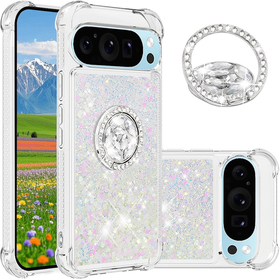 CCSmall for Google Pixel 10 Pro Case Clear Glitter Bling for Women Girl, Flowing Liquid Quicksand Sparkly Cover with Diamond Ring Holder Phone Case for Google Pixel 10 Pro LSZ Colorful