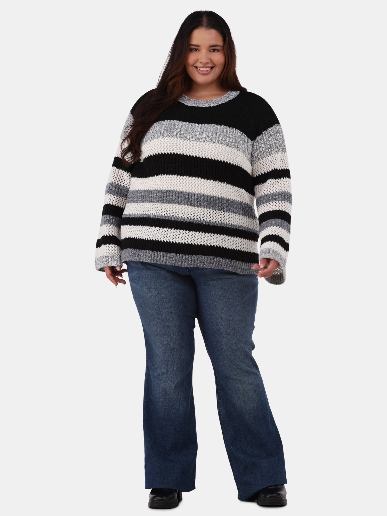 99 Jane Street Women's Plus Textured Striped Raglan Sweater, Midweight, Sizes 1X-4X