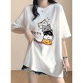 thumbnail image 2 of Summer Cute Cartoon Cat Print Long T-Shirt for Women, Casual Loose Crew Neck Short Sleeve Top, Cotton Knit Fabric, 185g/m² - Pullovers, 2 of 8