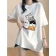 thumbnail image 2 of Summer Cute Cartoon Cat Print Long T-Shirt for Women, Casual Loose Crew Neck Short Sleeve Top, Cotton Knit Fabric, 185g/m² - Pullovers, 2 of 8