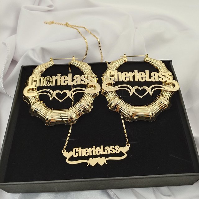 Custom Name Necklace and Bamboo Hoop Earring Set Stainless Steel Personalized Earring Necklace Set Name Jewelry Set for Mother