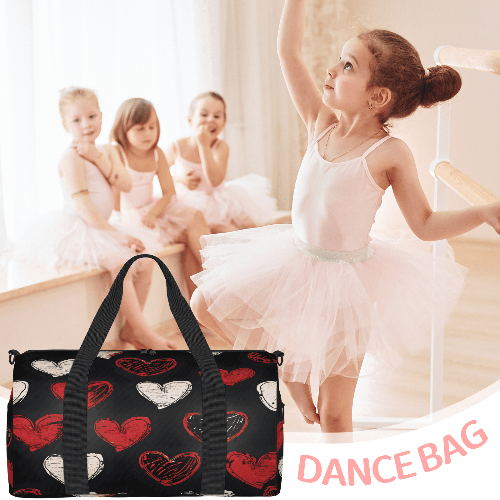 Herdesigns Black Red Hearts Gym Bag for Women, Duffle Bag for Travel Sport, Hearts Romantic Lightweight Waterproof Carry on Weekender Dance Yoga Workout Bags