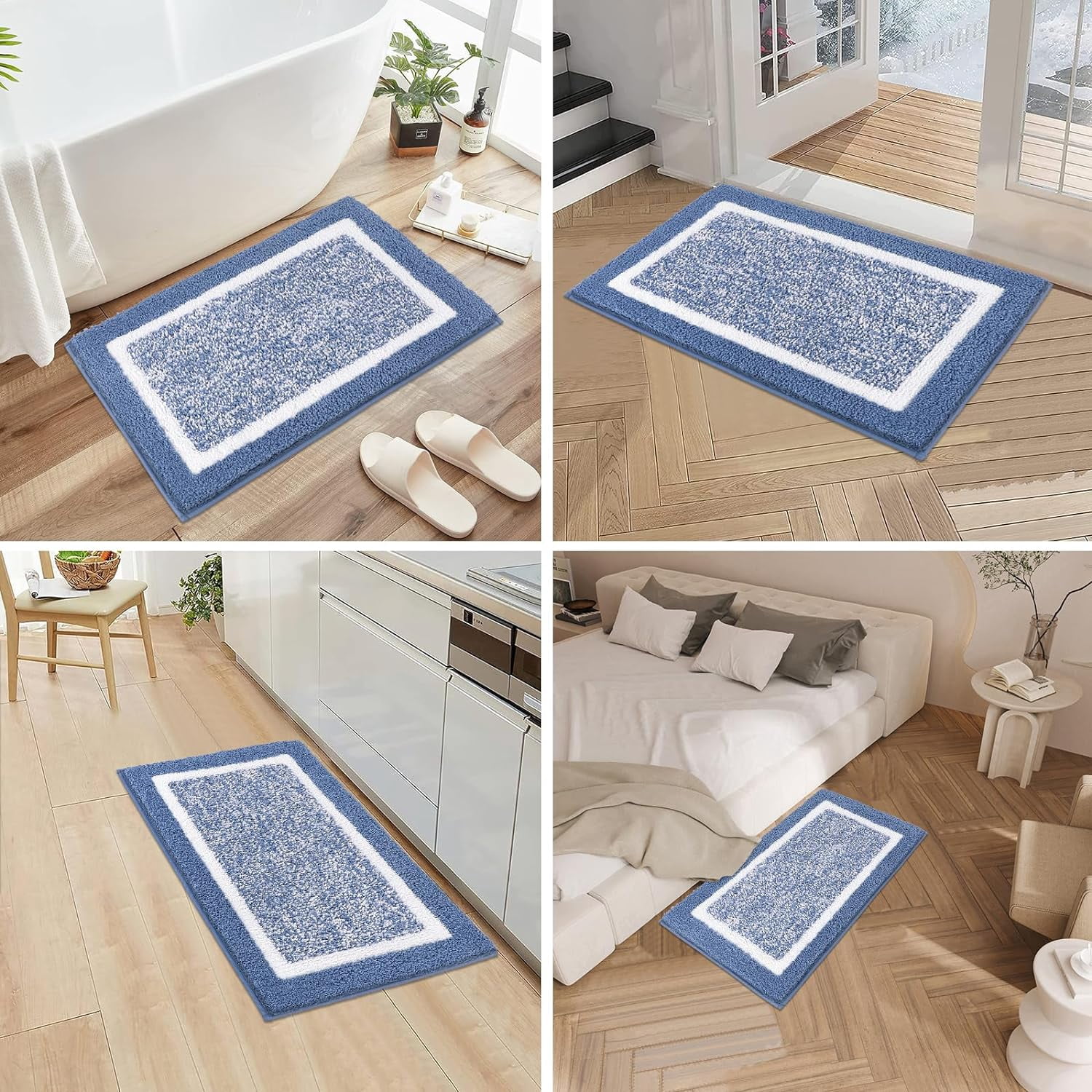 Findosom 3pcs Blue Bathroom Rug Set with Contour Toilet Mat Non-Slip Plush Shaggy Bath Mats Super Absorbent Microfiber Bath Rugs Washable Shower Rugs for Bathroom,Tub,Toilet 18"x26"+20"x32"+U20"x24"