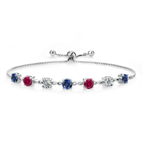 Gem Stone King 3.81 Ct Round Blue Created Sapphire Red Created Ruby 925 Sterling Silver Lab Grown Diamond Tennis Bracelet for Women (Fully Adjustable up to 9 inch)
