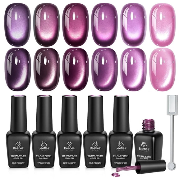 Beetles Purple Cat Eye Gel Nail Polish Set, Plum Moonlit 6 Colors Glitter