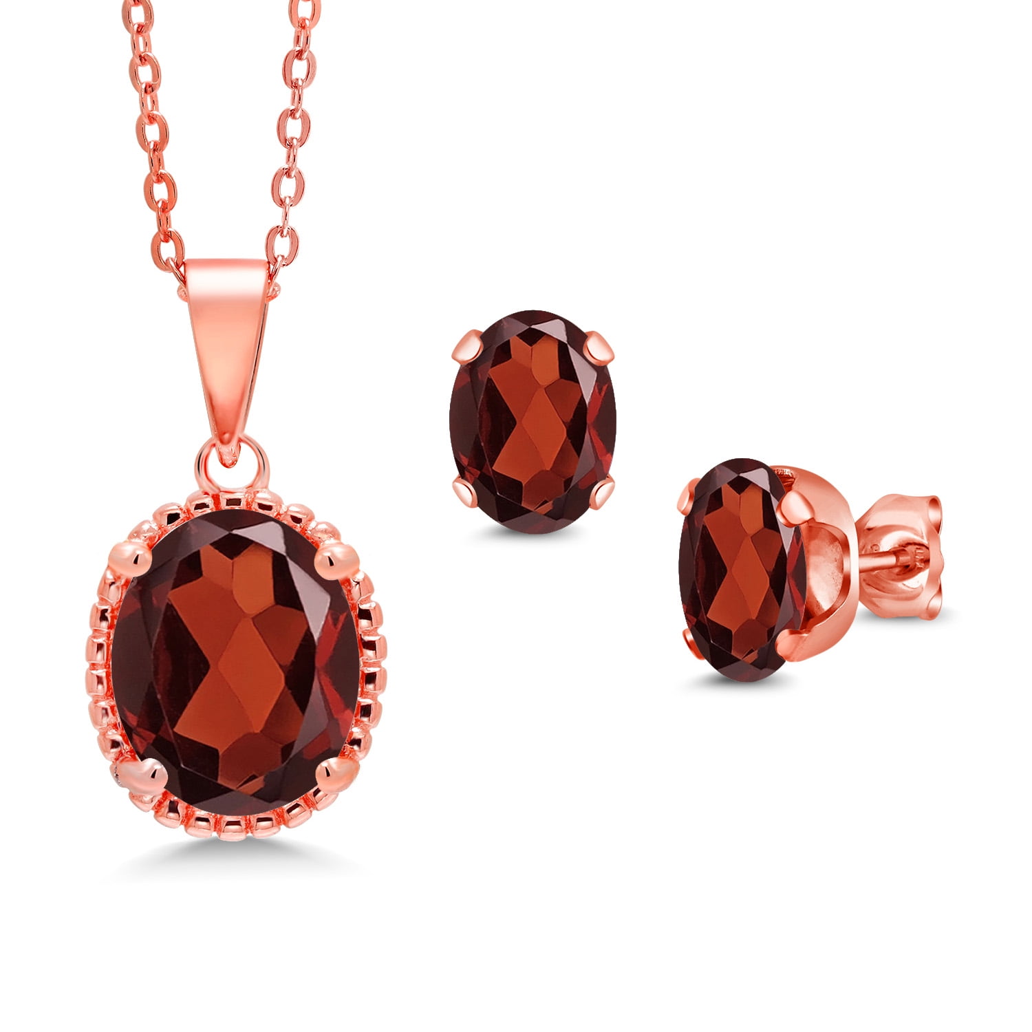Gem Stone King 6.65 Ct Red Garnet 18K Rose Gold Plated Silver Pendant and Earrings Jewelry Set