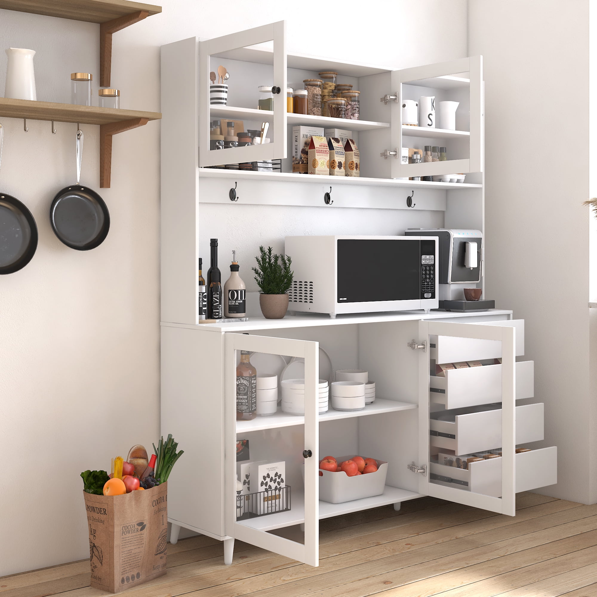 Aukfa Large Kitchen Hutch Cabinet, Pantry Cabinets w/ 4 Doors & Microwave Shelf, White