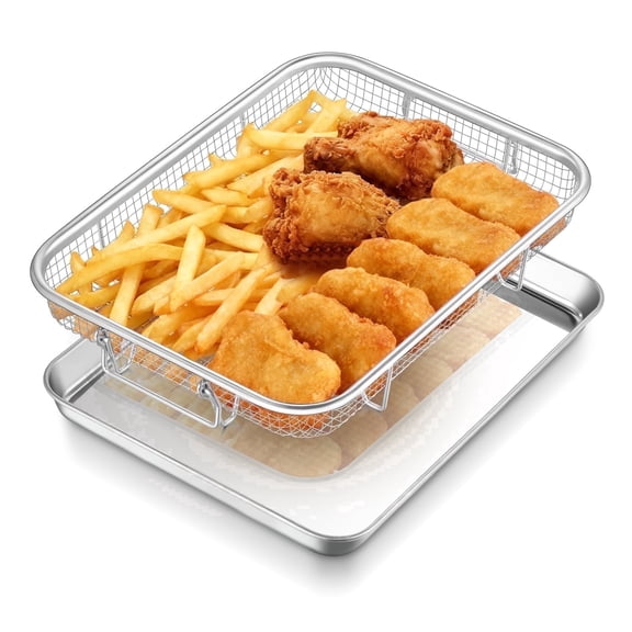 Walchoice Air Fryer Basket for Oven, 12.2” x 9.4” Stainless Steel Air Fryer Pan and Tray, Nonstick Crisper Tray for Frying Baking Roasting Cooling, Dishwasher Safe - Silver