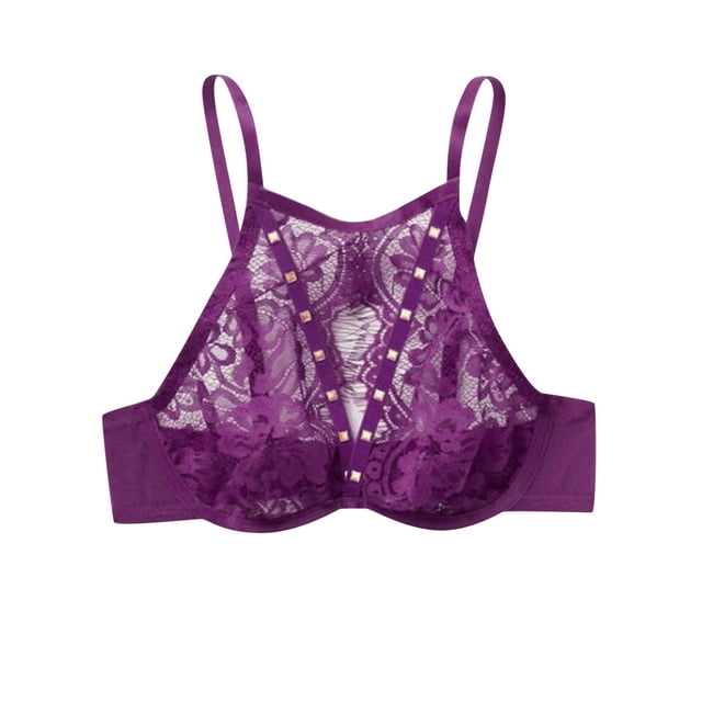 WZXFASHION Women's Solid Color Hollow Lace Sexy Lingerie Intimates Purple L