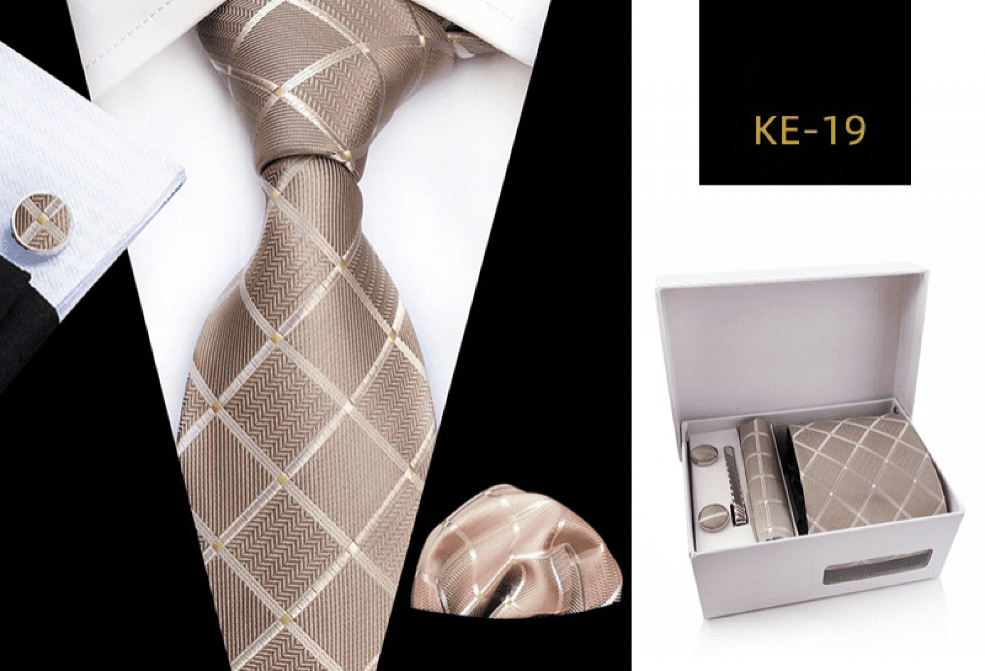 Men’s Gift Tie Set Silky Necktie Pocket Squares Tie Clips Cufflinks For Men, KE—19