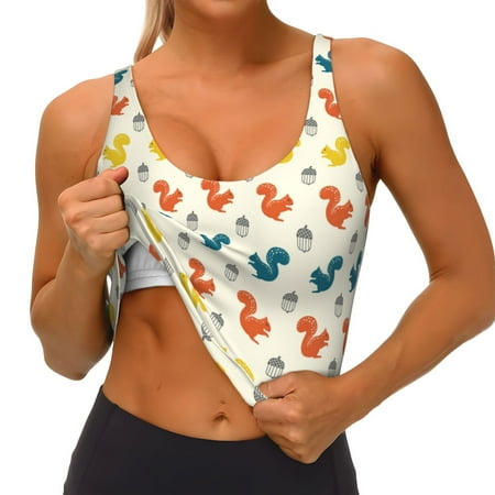 Qokaie Colorful Squirrel Pattern Womens Scoop Neck Sports Bra Breathable Workout Vest Padded U Back Medium Impact Fitness Gym Yoga Bra Workout Crop Top