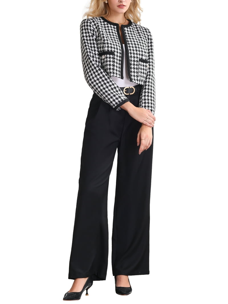 INSPIRE CHIC Womens Houndstooth Blazer Collarless Open Front Crop