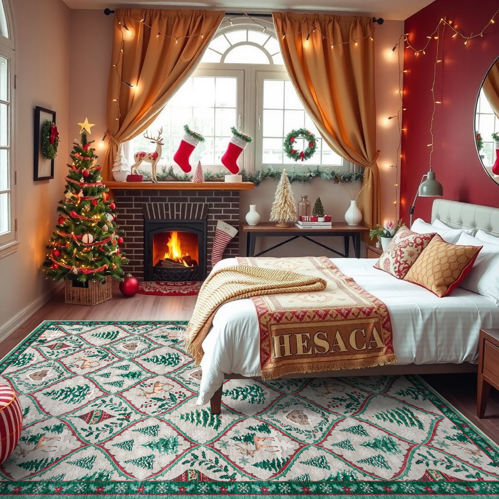 Moynesa 8'x10' Christmas Area Rug for Living Room,Cream Large Rug Xmas Tree Modern Rug Kitchen Rug Washable Rug Non Slip Moroccan Carpet Holiday Decor Soft Accent Rug for Bedroom Dining Room