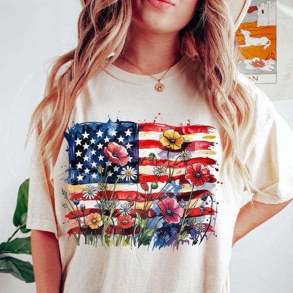 American Flag Floral T-shirt, Patriotic Wildflower USA Shirt, Boho 4th Of July Shirt Graphic, Poppy And Daisy Flag Shirt TH140522