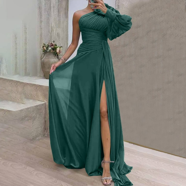 fitted lace wedding dress Elegant Green Dress Prom Floor Length Long Sleeve One Shoulder Fall We –  formalgowns main image 1