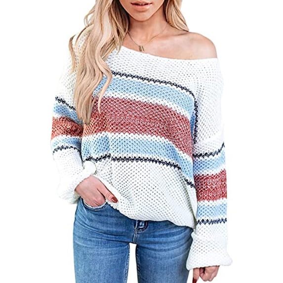 Seyurigaoka Women Juniors Round Collar Jumper Sweater, Stripe Pattern Long Sleeve Knitted Tops