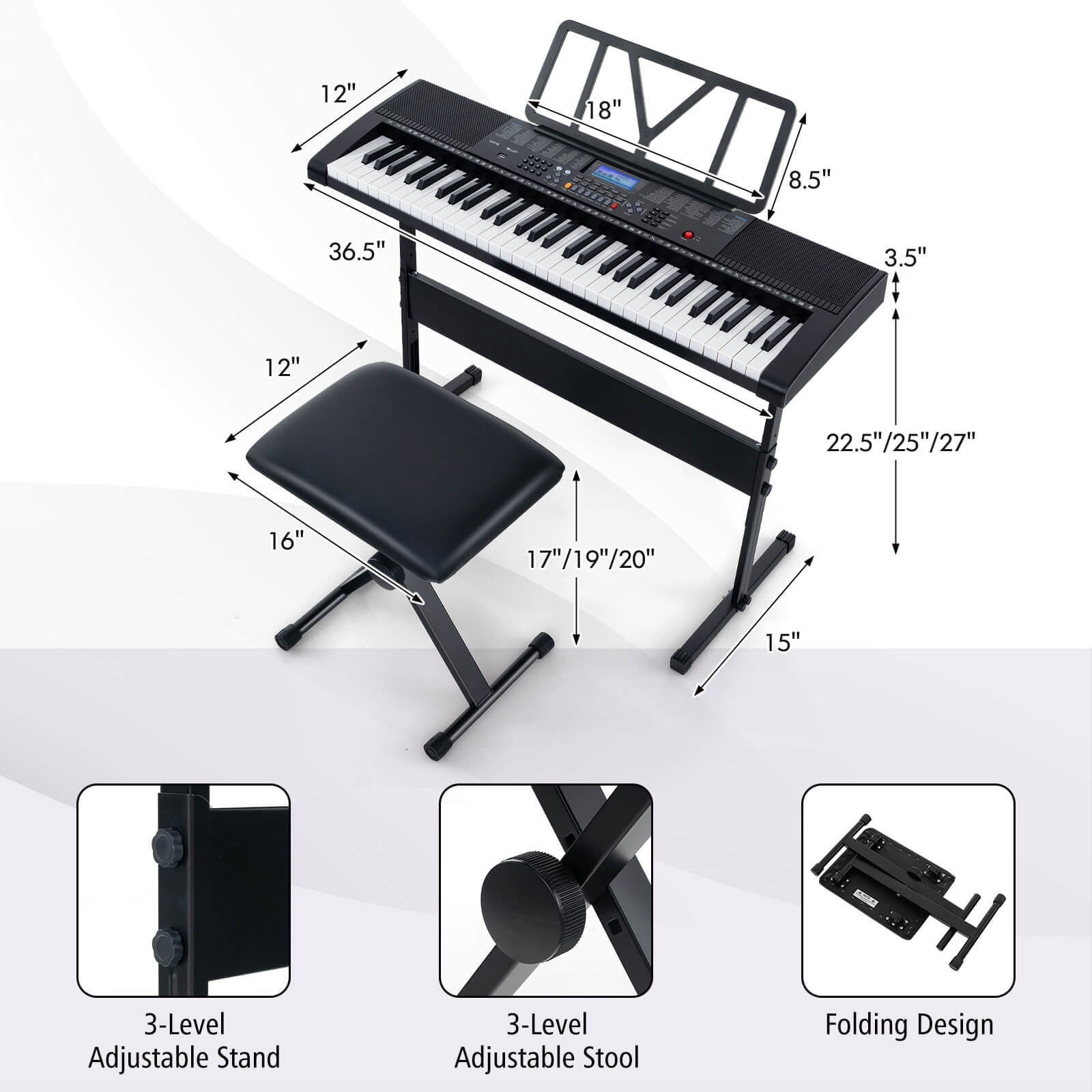 Infans 61-Key Electronic Keyboard Piano w/Lighted Keys Stand Bench Headphone