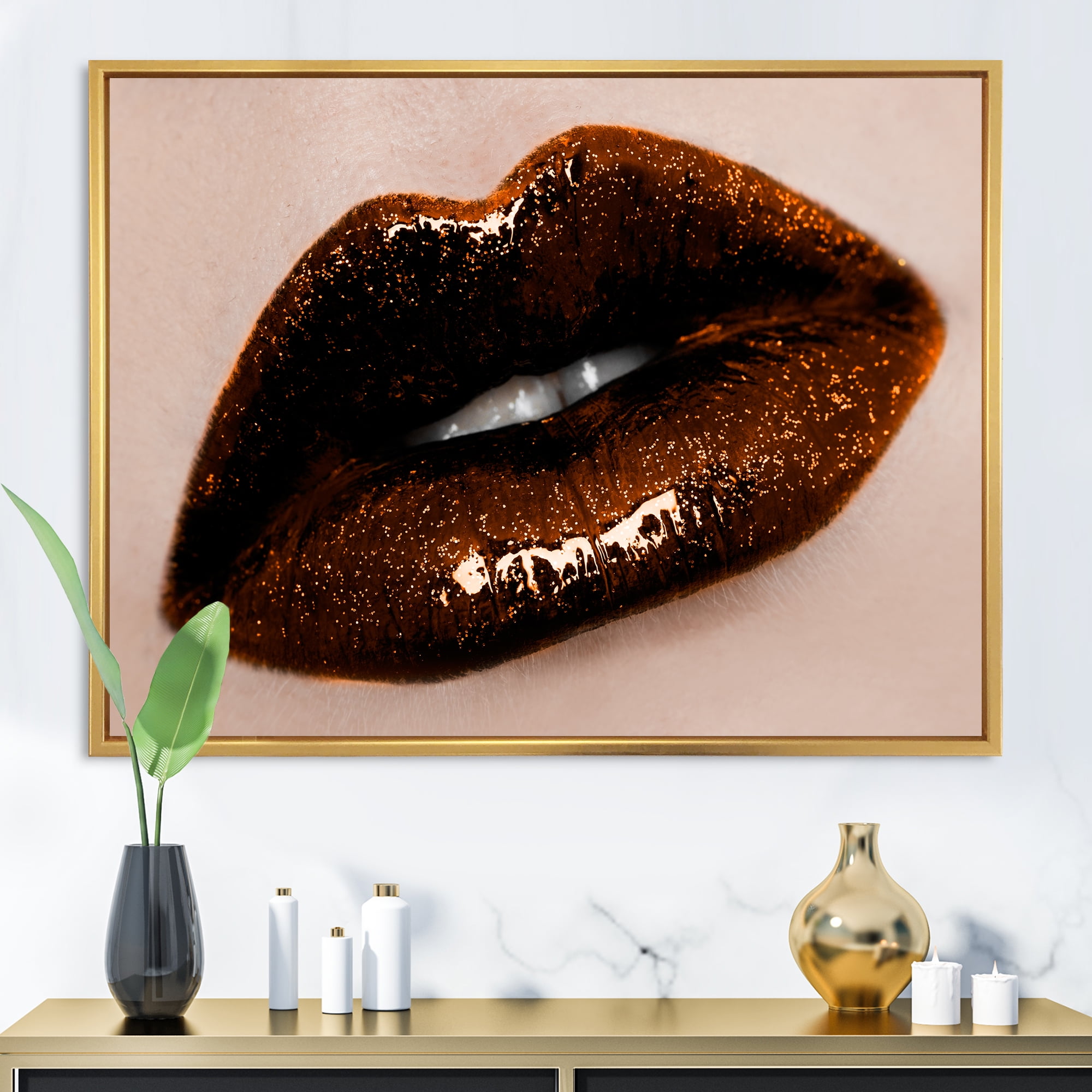 Designart 'Close-Up Of Gorgeous Female Lips II' Modern Framed Canvas Wall Art Print