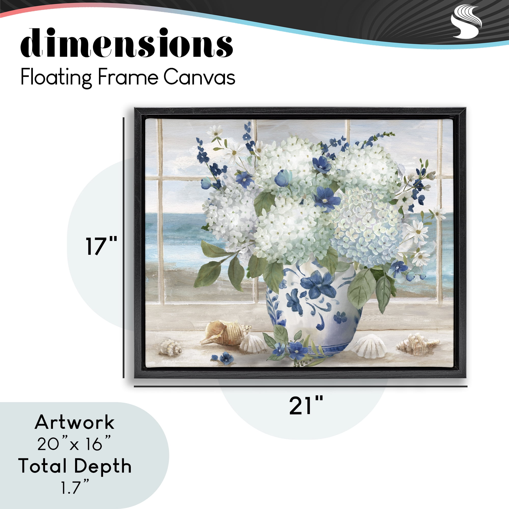 Stupell Industries Seaside Hydrangea Bouquet in Window Black Framed Floater Canvas Wall Art, design by Nan