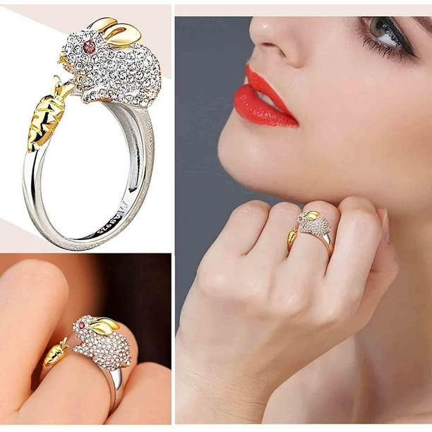 Anillos para mujer, regalos para mujer, lindo conejito de Pascua, abierto, ajuste delicado, zanahoria, circonita cúbica, joyería de diamantes para mujeres y niñas (talla ajustable 6-11) el anillo