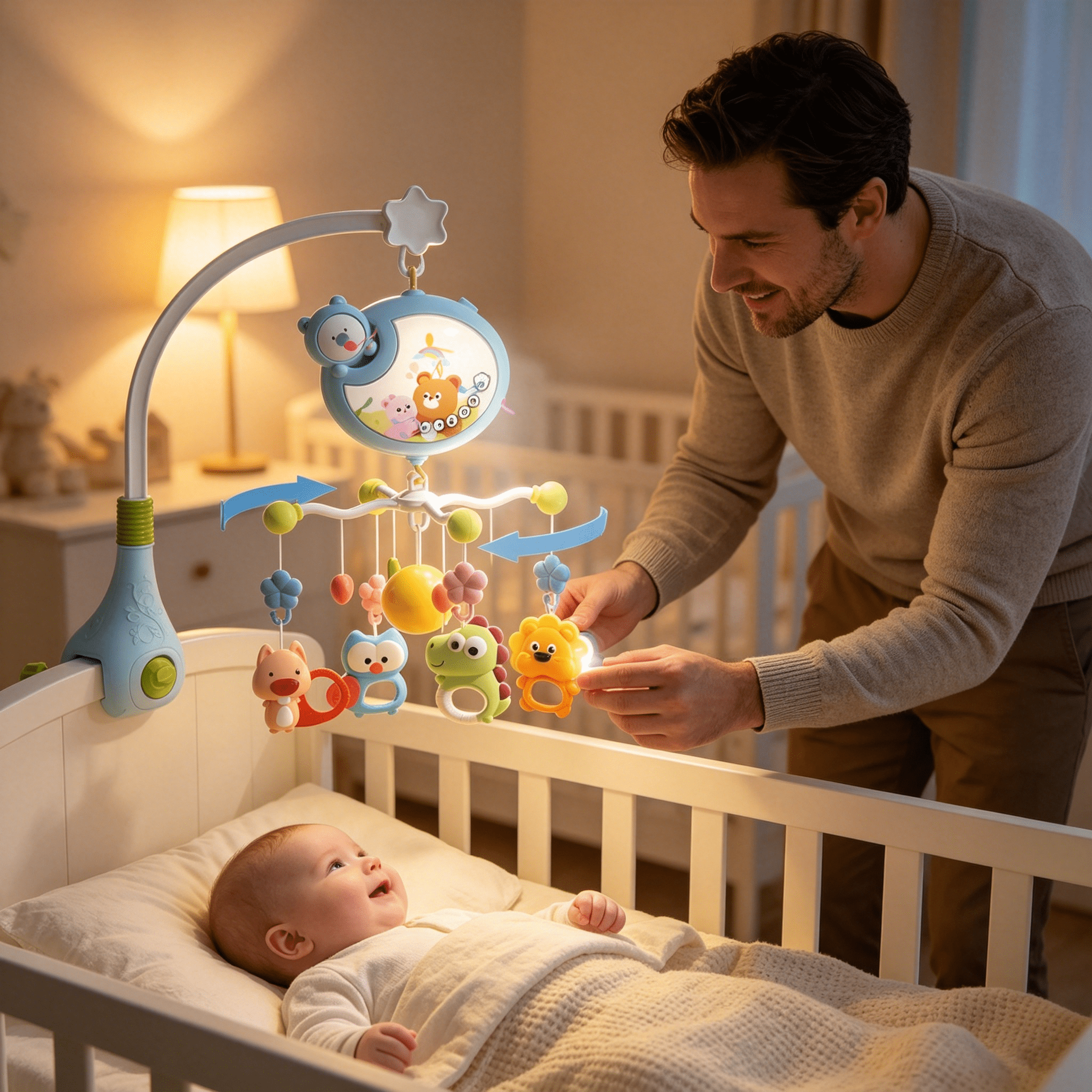 BESTSKY 2026 New Crib Mobile with Music&Lights,Baby Mobiles for Cribs,Nursery Musical Mobile for Bassinets Toys Hanging Girls Boys,Pack&Play Space Portable Animal Mobile Hanger Arm Clip on Attachment