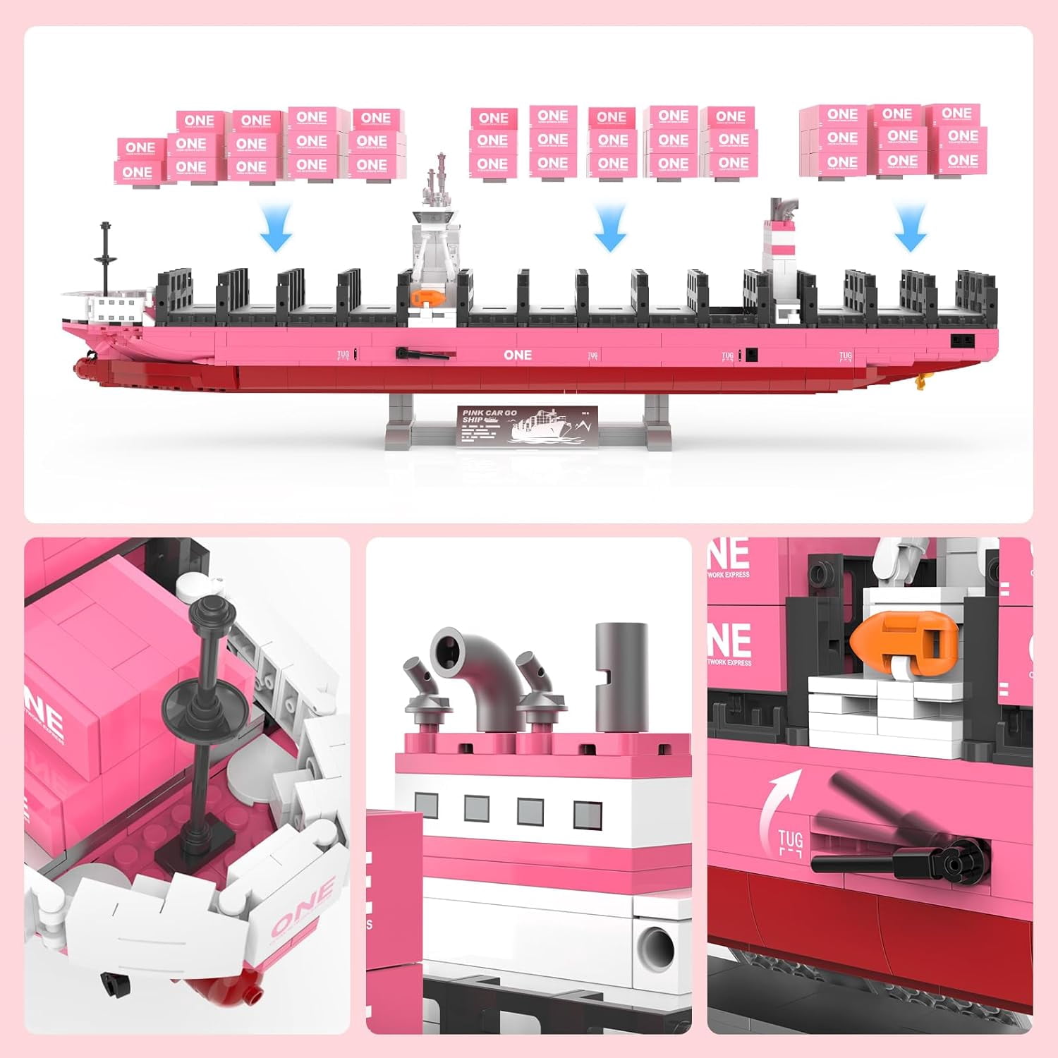 Large Cargo Ship Building Blocks Set with Pink Container, ONE Innovation Vessel Model Kit, City Freight Building Decoration, Shipping Boat Collection, Nautical Enthusiast - 1438PCS