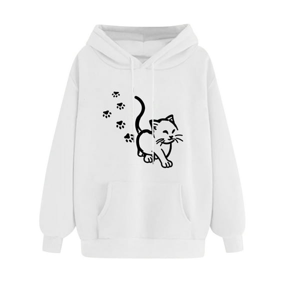ibuvkizy Hoodies for Women Print Winter Hoodie Pullover Tops Long Sleeved Comfortable Sweatshirt with Pockets White,S