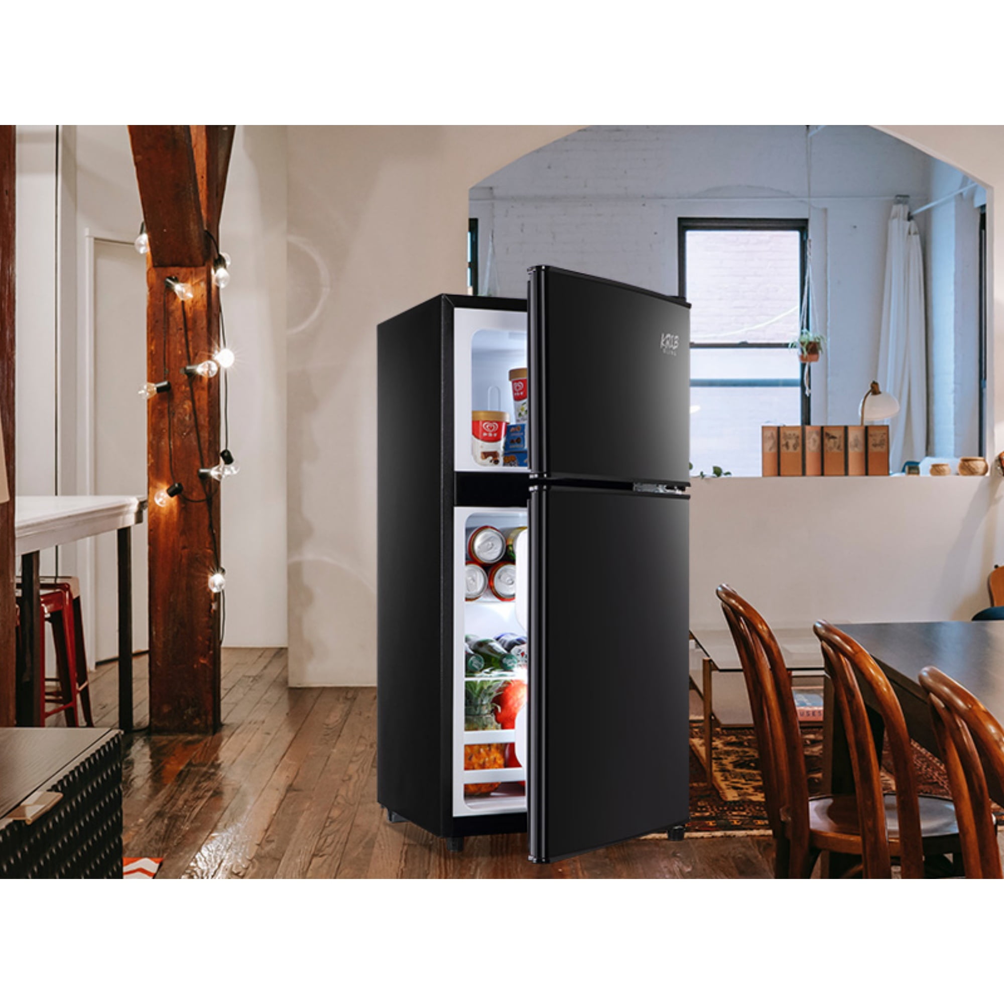 3.5 Cu.Ft Compact Mini Fridge with Freezer, 2-Door Small Refrigerator with 7-Level Thermostat & Removable Shelves for Kitchen, Dorm, Apartment, Bar, Office（Black）