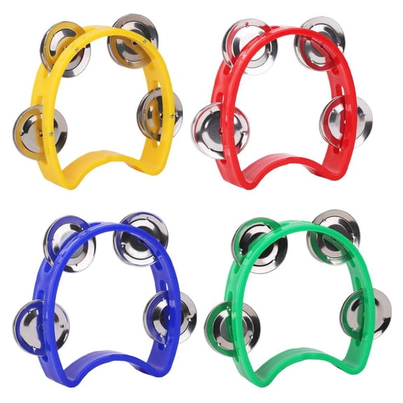 4 Pack Half Moon Tambourine, Plastic Hand Percussion Shaker with 4 Jingle Bells, Musical Instrument for Kids Practice, Rehearsal, Performance