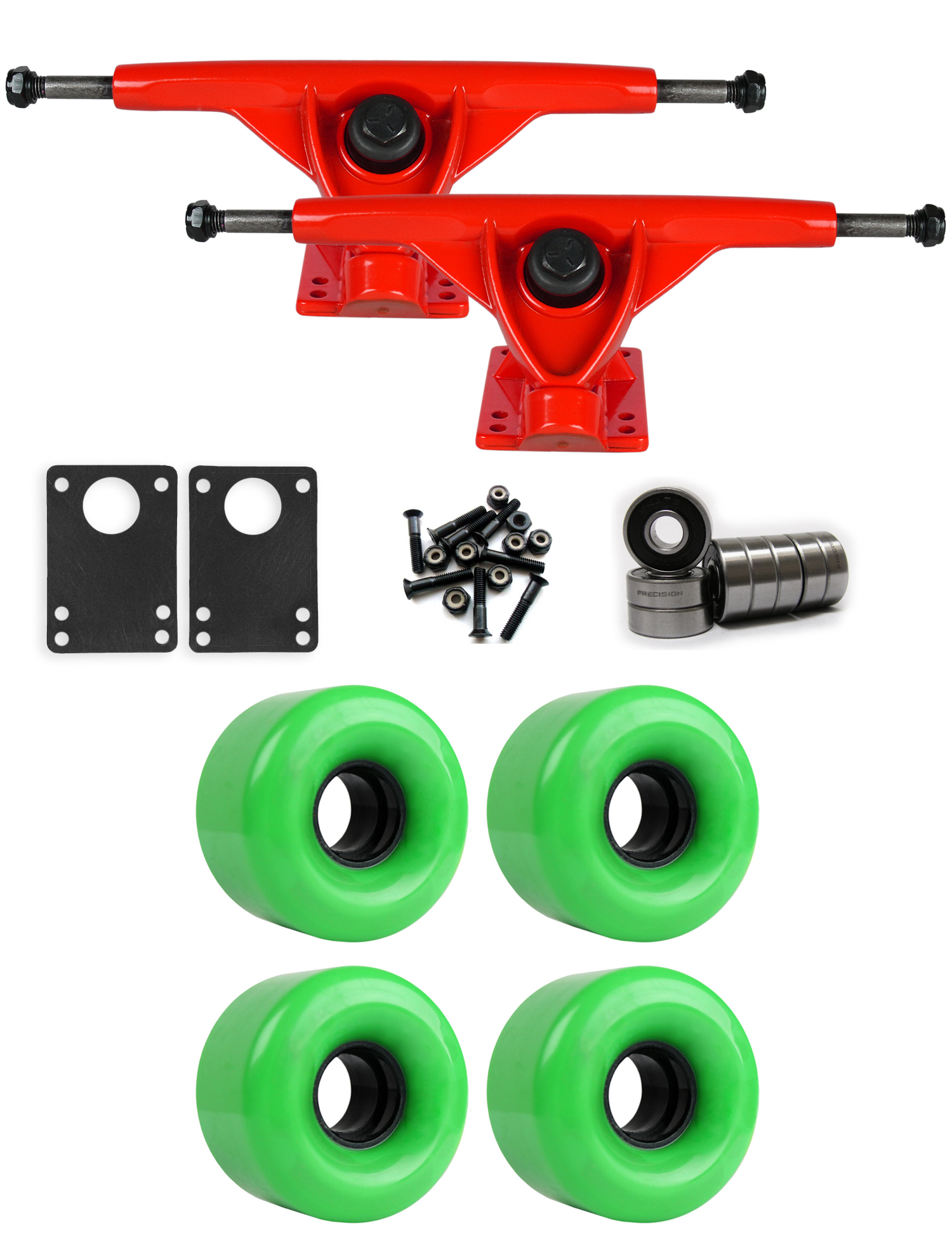 RKP Red Longboard Trucks Wheels Package 62mm x 40mm 83A 362C Green