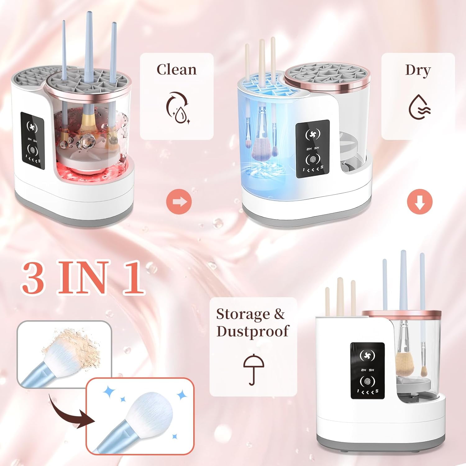 3 IN 1 Electric Makeup Brush Cleaner Machine, Betahouse Makeup Brush Dryer, Portable Automatic Cosmetic Brushes Cleaner Tool for All Size Beauty Makeup Brush Set