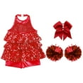 thumbnail image 4 of TiaoBug Kids Girls Cheer Dance Performance Costume Shiny Sequins Halter Ballet Dance Leotard Dress Red 6, 4 of 5