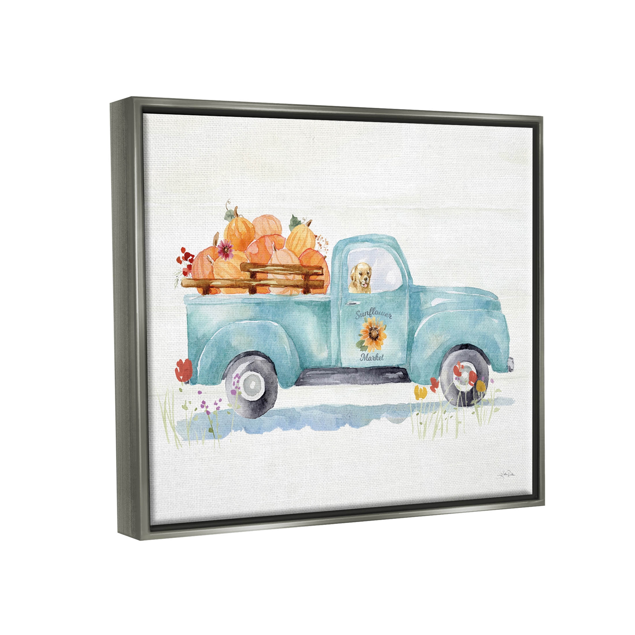Stupell Industries Sunflower Market Pumpkin Truck Graphic Art Luster Gray Floating Framed Canvas Print Wall Art, Design by Katrina Pete