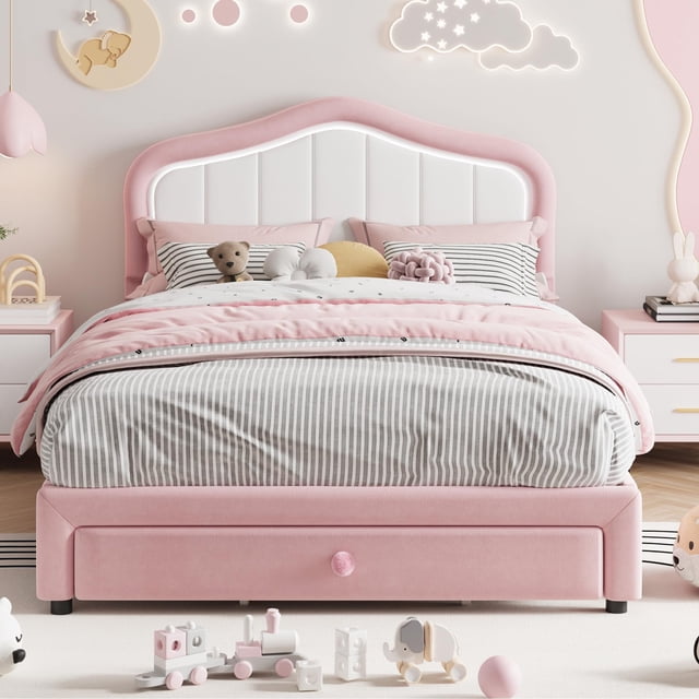 CazToi Full Size Upholstered Platform Bed Frame with LED Headboard & Storage Drawer No Box Spring Needed