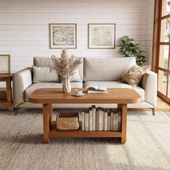 Tribesigns 47.2" Coffee Table with Storage, 2-Tier Farmhouse Coffee Table for Living Room, Brown