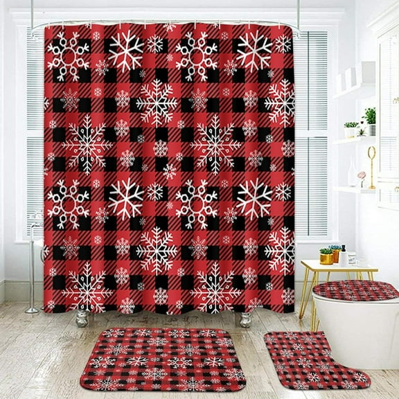 Christmas Buffalo Plaid Bathroom Sets with Shower Curtain and Rugs and Accessories, Snowflakes Red Shower Curtain Sets, Reindeer Snow Shower Curtains for Bathroom Decor 4 Pcs