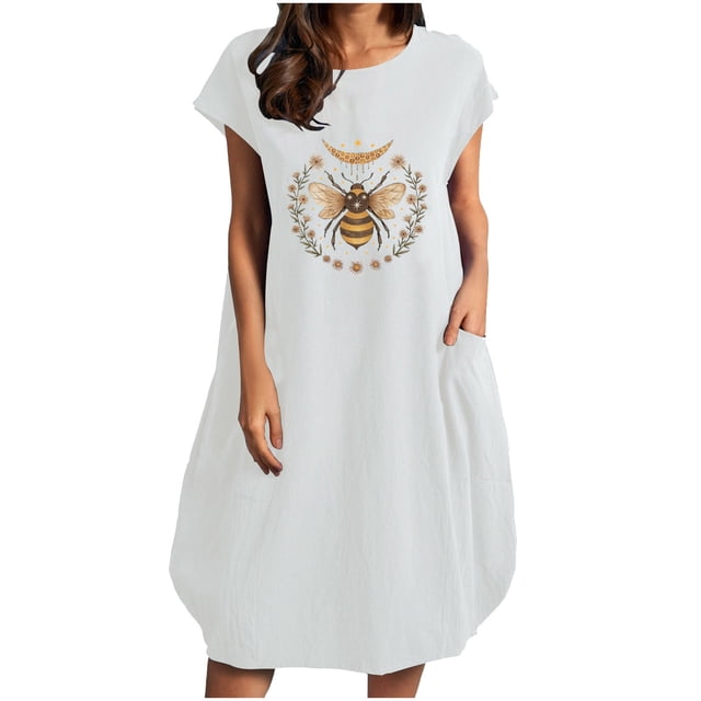 Vestido suelto de manga corta informal con estampado floral de algodón y lino de verano para mujer con bolsillo y cuello redondo Fridja qw3495